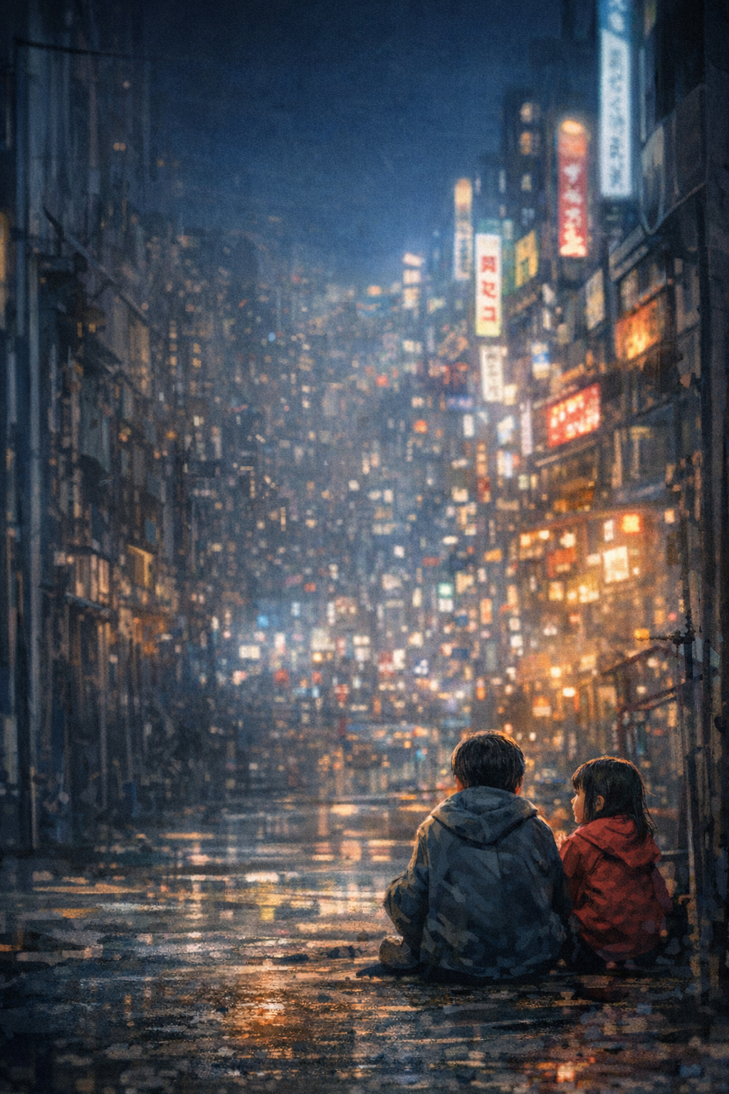 東京の夜、ネオンの前に座る子どもたち